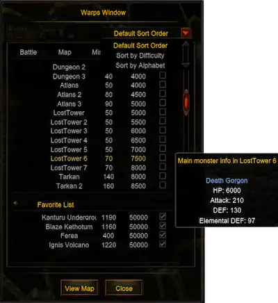 Move window with sorting, favorites and monster information