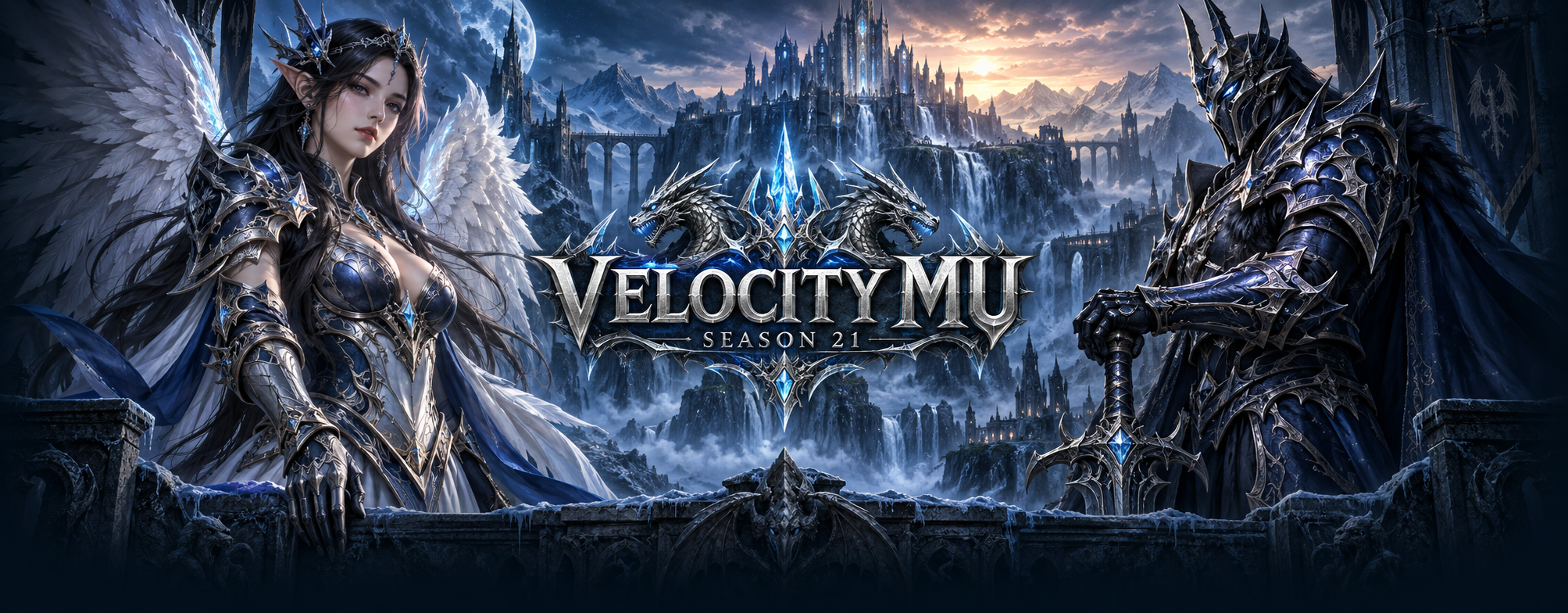 Velocity MU Season 21 — silver dragon crest between an armored elf and dark knight