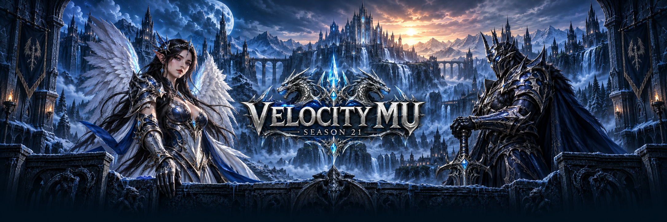 Velocity MU Season 21 — silver dragon crest between an armored elf and dark knight